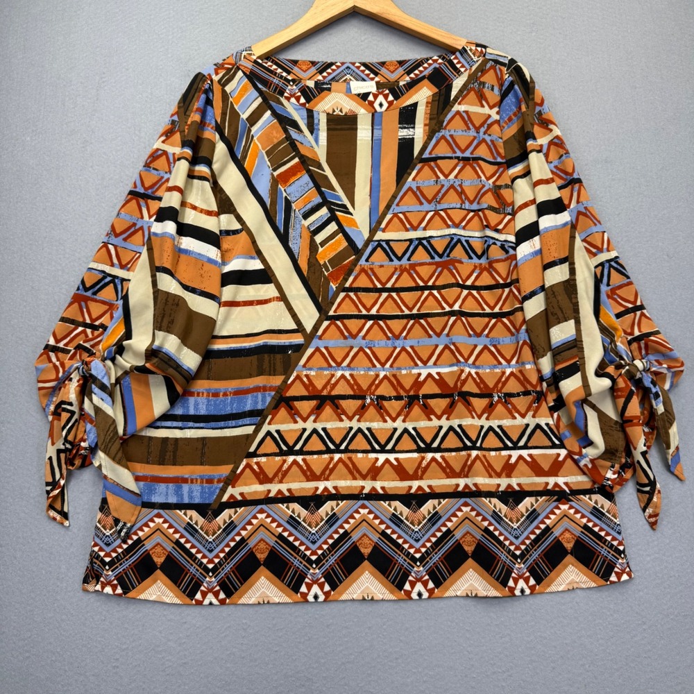 Chicos Size 2 Large Geometric Tribal Print 3/4 Tie Sleeve Blouse 4501858566